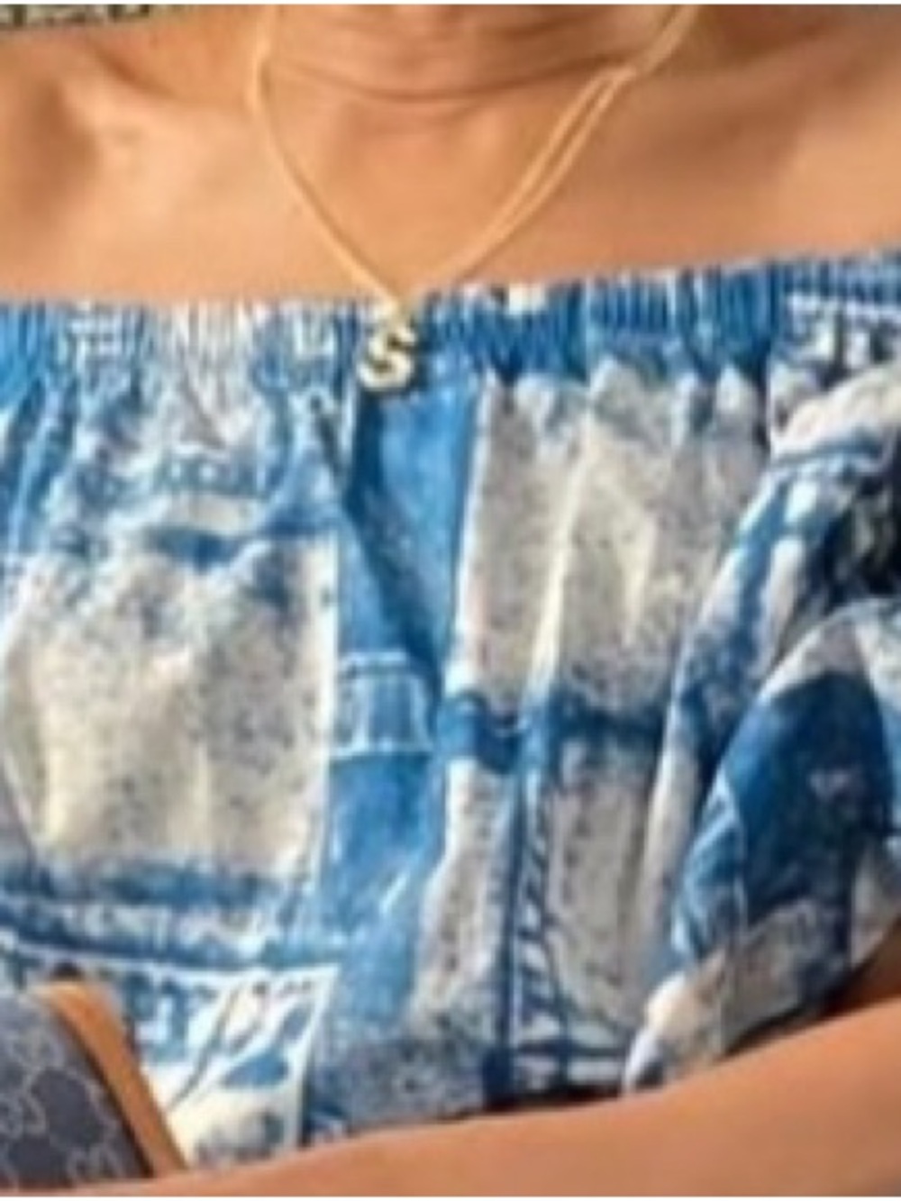 2 piece Ashley Stewart Blue faux denim/white patch Off-Shoulder Printed Maxi Set
